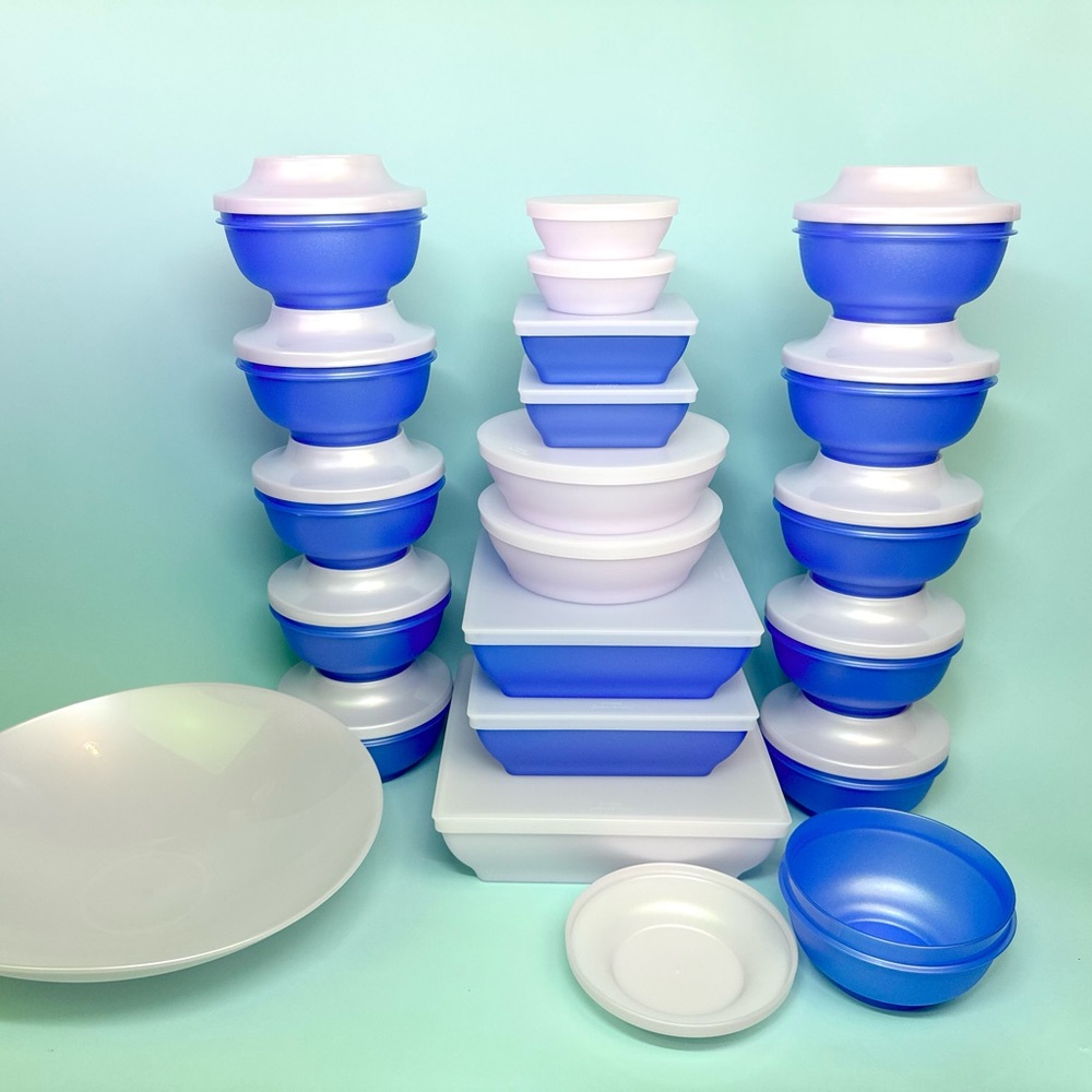 Tupperware 41 Piece Set Seal N Serve Bowls Ocean Blue Pearl White Matte W/ Lids